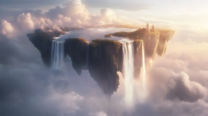 Fototapeta premium A floating island with a waterfall that flows into the sky, surrounded by mist and light