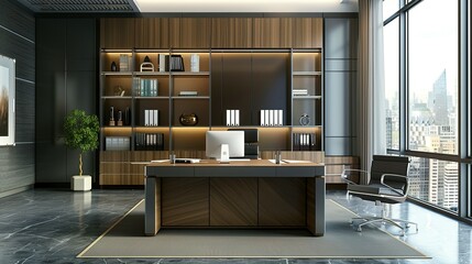 Obraz premium 3D Rendering of a Modern Office Interior Featuring a Desk, Cabinets, and Window View