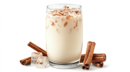 Iced Cinnamon Milk Drink with Cinnamon Sticks and Ice Cubes