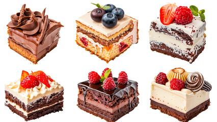 Different types of pieces of cake, isolated on white background, cut out