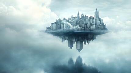 A tranquil cityscape with buildings that defy gravity, floating above a peaceful sea