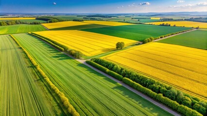Fototapeta premium Aerial view of agriculture fields with blooming rapeseed and green wheat, agriculture, farming, crops, landscape, aerial view