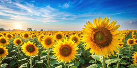 Fototapeta premium Field of vibrant sunflowers against a clear sky, sunflower, field, sunny, bright, nature, yellow, agriculture, growth, summer