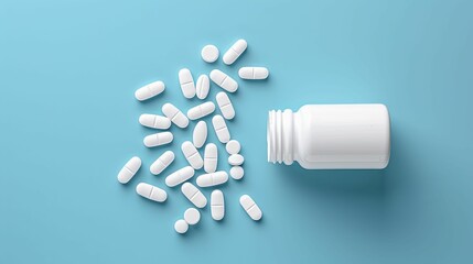 White Pills Spilled From a White Bottle on a Blue Surface