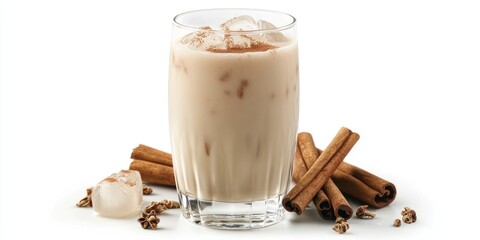 Iced Cinnamon Milk Drink in a Glass with Ice and Cinnamon Sticks
