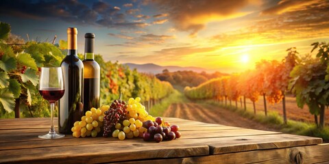 Fototapeta premium Ripe grapes and wine bottles on a wooden table with scenic vineyard backdrop at sunset , grapes, wine bottles, wooden table