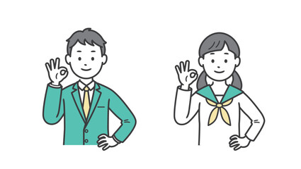 OKポーズをして腰に手を当てる男女の学生の上半身イラスト