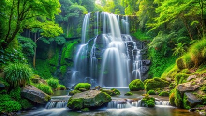 Serene waterfall cascading down lush green rocks surrounded by vibrant foliage , Waterfall, Landscape, Scenic, Nature