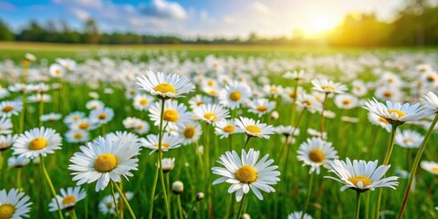Field of daisies in lush green grass of open country , spring, summer, blooming, flowers, daisies, field, grass, meadow