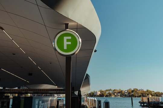 A green ferry wayfinding sign at Barangaroo Wharf, NSW