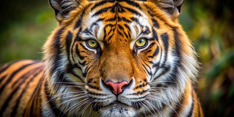 Fototapeta premium Close-up of a majestic tiger head showing fierce eyes and powerful jaws, wildlife, predator, feline, close-up