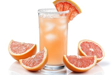 Grapefruit slices surrounding a glass of grapefruit juice with a salted rim