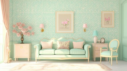 Elegant Mint Green Living Room with Vintage Furniture and Floral Accents