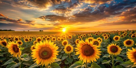Fototapeta premium Sunflower field glowing in the warm hues of sunset , Sunflowers, field, summer, landscape, sunset, nature, vibrant, colorful