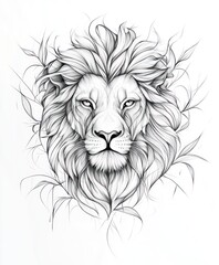 Fototapeta premium A detailed line art illustration of a lion's head surrounded by flowing foliage.