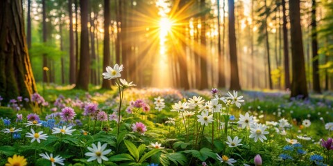 Fototapeta premium Beautiful wildflowers blooming in the lush forest, wildflowers, blooming, beautiful, lush, forest, nature, plants, outdoor