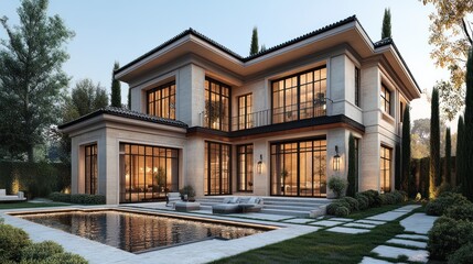 Fototapeta premium Modern luxury home with large windows and a serene pool area.