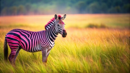 Naklejka premium Pink zebra with vibrant stripes standing out in the grass, pink, zebra, animal, stripes, unique, wildlife, unusual, colorful