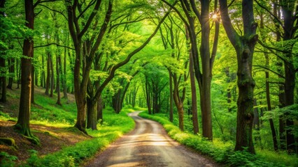 A winding forest path through a lush green canopy of trees, nature, journey, trail, tranquility, exploration, adventure, walking