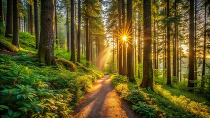 Fototapeta premium Scenic hiking trail through lush forest at sunrise, morning, hike, nature, outdoors, adventure, trail, forest, trees