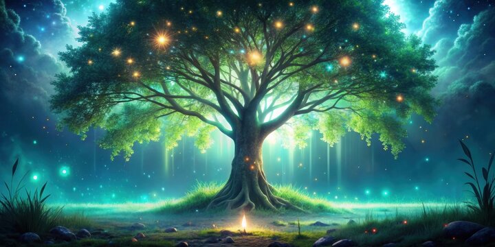 Mystic night forest tree with glowing leaves render seamless loop background , mystic, night