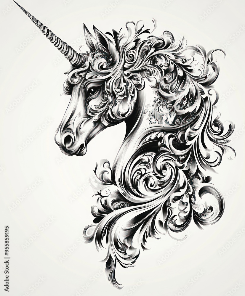 Canvas Prints A stylized black and white illustration of a unicorn with ornate floral designs.