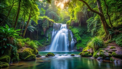 Obraz premium A stunning waterfall cascading through a lush forest setting, water, waterfall, forest, nature, cascading, serene