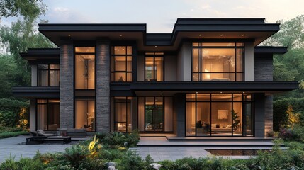 Fototapeta premium Modern house with large windows and outdoor space at twilight.