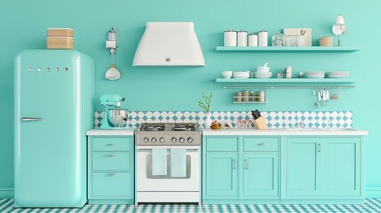 Mint Green Kitchen Interior Design with Vintage Appliances and White Cabinets