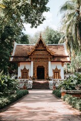 Fototapeta premium Traditional Thai Temple with Ornate Decor and Stone Pathway