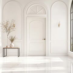 White Interior Hallway with Arched Doorway and Marble Floor