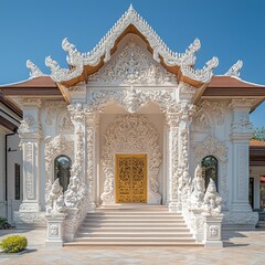 Naklejka premium White Temple Entrance with Ornate Carvings and Golden Door