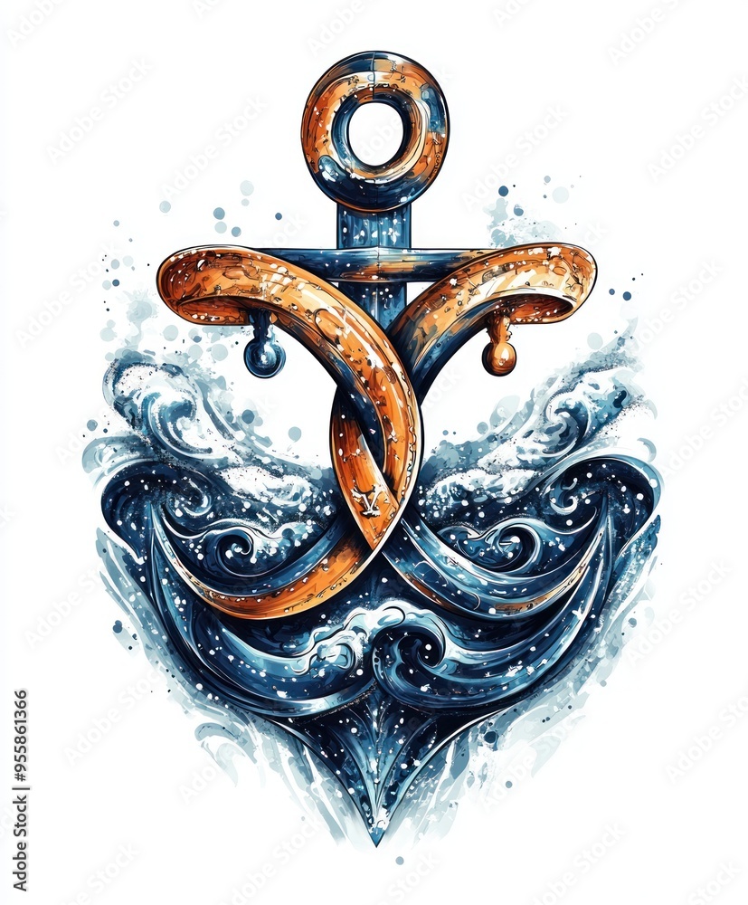 Sticker A stylized anchor surrounded by waves, symbolizing maritime themes and oceanic adventure.