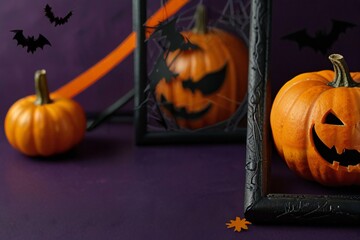 halloween pumpkin with bats and pumpkin