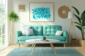 Modern Living Room Interior Design with Teal Sofa and Natural Accents
