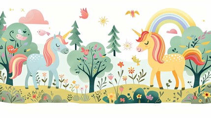 Two Unicorns in a Fantasy Forest Landscape