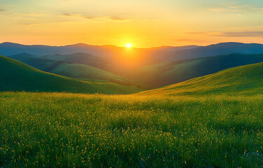 “Beautiful Landscape of Green Grassy Hills with Mountain in the Background”
