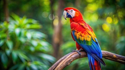 Obraz premium Vibrantly colored macaw perched on a tree branch, Macaw, parrot, bird, colorful, tropical, feathers, wildlife, exotic, vibrant