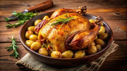 Roasted chicken with crispy golden-brown skin served with seasoned baby potatoes, roasted, chicken, potatoes, food, meal