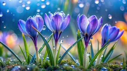 Spring scene with blue crocuses in water droplets with raindrops tracks, spring, flowers, crocuses, blue, drops, water, rain, tracks