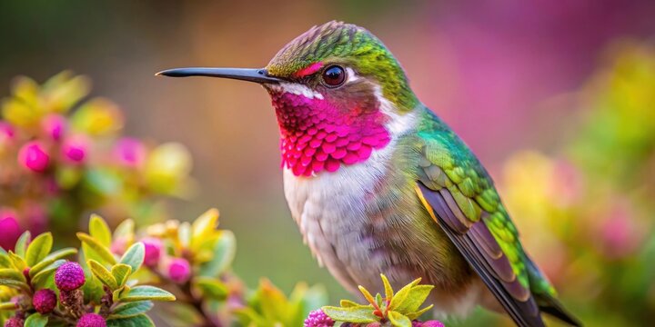 Close-up of a vibrant Calliope Hummingbird perched on a bush in Oaxaca, Mexico , hummingbird, Calliope, Selasphorus calliope