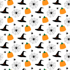 Pumpkins, spiders cobwebs and Witch hats Seamless pattern. Halloween greetings background texture