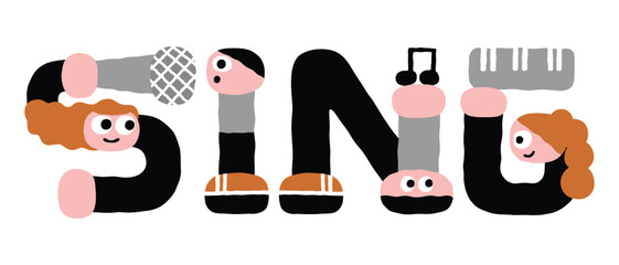 SING typography with cartoon character font