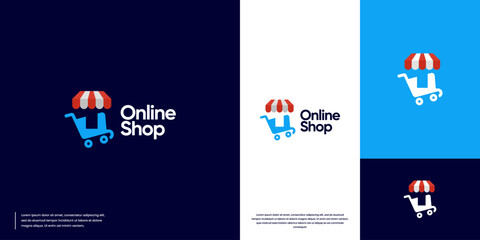 shopping awning and cart logo, e-commerce, graphic template design.