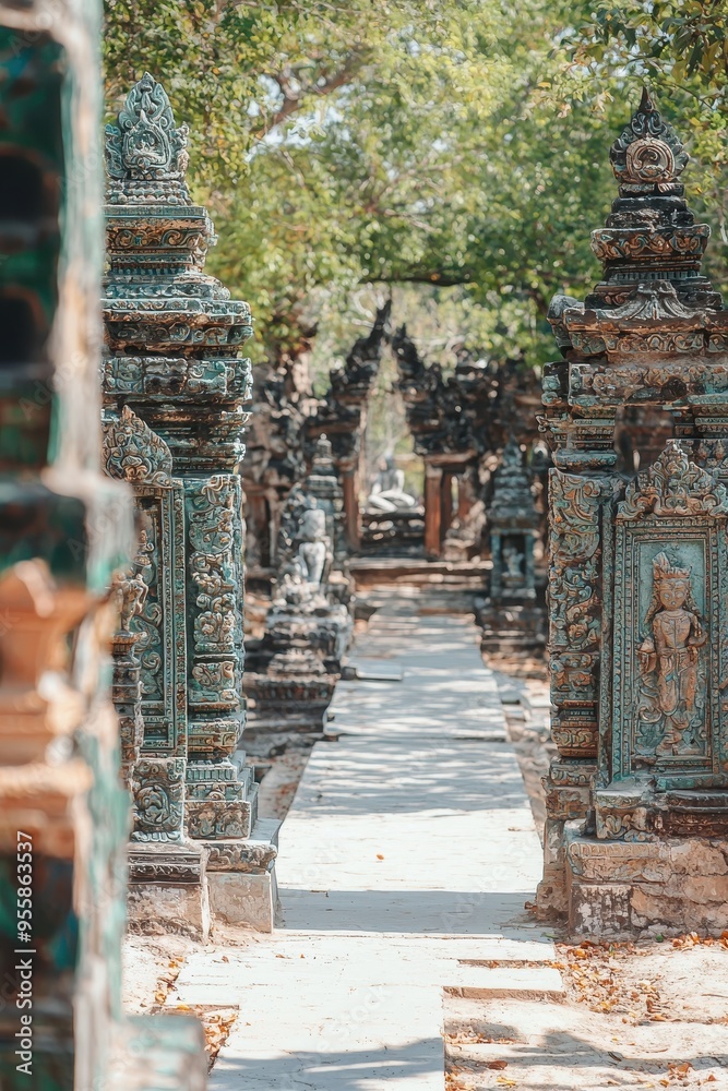 Wall mural Ancient Stone Pathway Leading to Temple Entrance