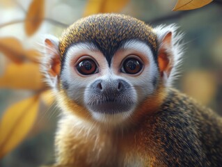 Obraz premium Close up portrait of a Common squirrel monkey, Saimiri sciureus, in a tropical forest