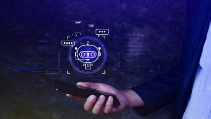 Businessman using smartphone for digital chatbot, robot application, conversation assistant, AI Artificial Intelligence concept, digital chatbot on virtual screen.