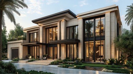 Fototapeta premium Modern luxury home with large windows and landscaped surroundings.