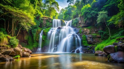 Obraz premium Beautiful Sarika Waterfall with rock layers and trees in Khao Yai National Park, Thailand , waterfall