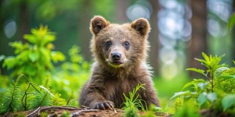 Obraz premium Adorable brown bear cub playing in the forest , wildlife, young, cute, furry, mammal, cub, playful, outdoor, nature, wilderness, baby